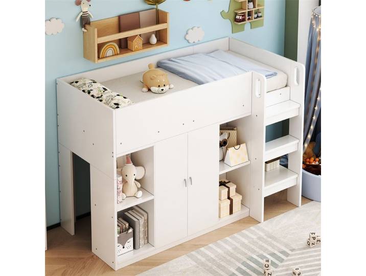 DRIPEX Lit mezzanine multifonctionnel 90*200cm avec espace de rangement Lit d'enfant avec armoire et étagères échelle stable Blanc