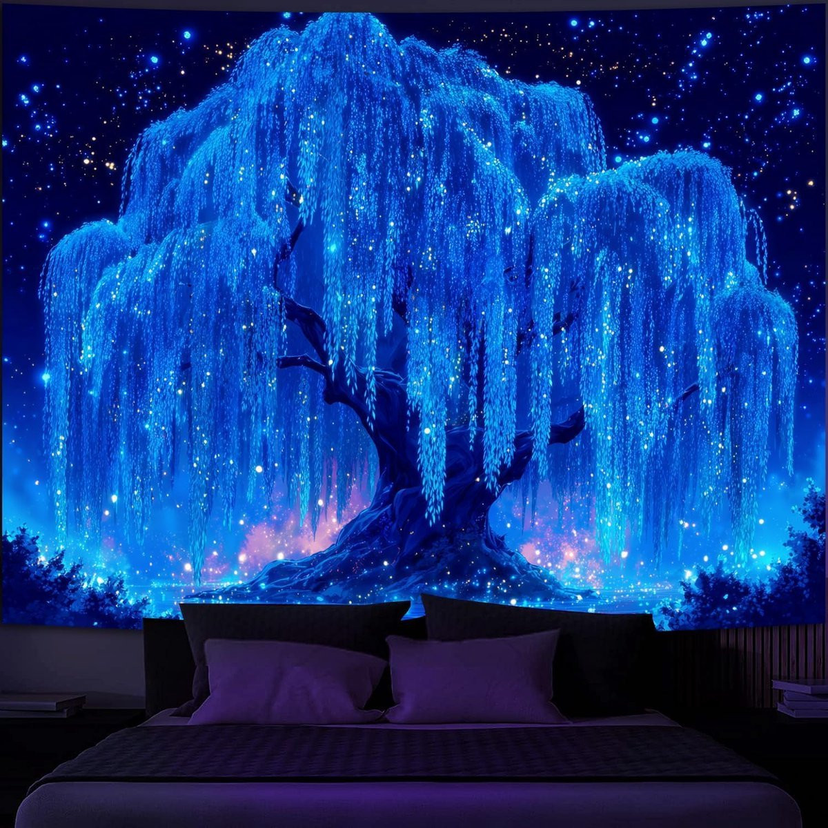 Simpkeely Blacklight Starry Night Willow Tree of Life Wanddecoratie, UV-reactieve Neon Wandhanger