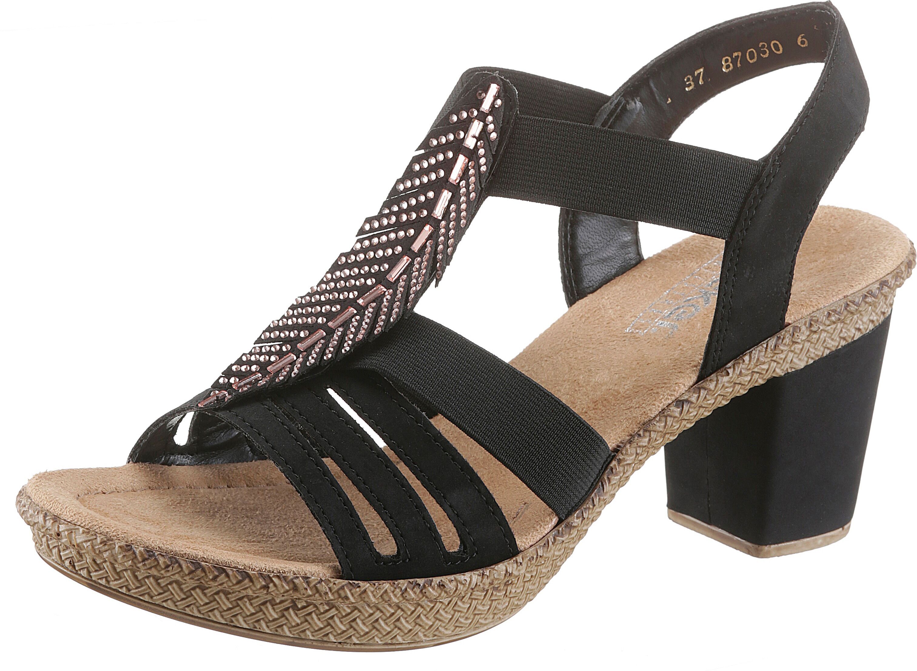 Sandalette RIEKER, Damen, Gr. 41, schwarz, Nubuklederimitat, unifarben, Schuhe Sandalette, Sommerschuh, Sandale, Plateauabsatz, mit Strass-Steinchen verziert schwarz 41