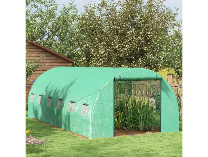 Outsunny Serre Tunnel 6x3x2m Système Arrosage 12 Fenêtres Vert