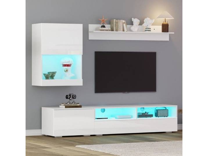 Meuble TV Mural Design Blanc Brillant avec LED 175cm Ensemble 3 Pièces Meuble de Salon Suspendu ou Posé pour TV jusqu'à 80
