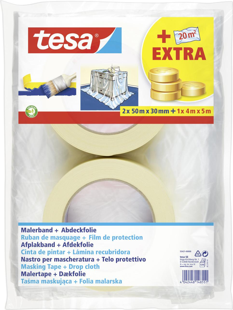 tesa Universele set met 2 rollen krepptape (50 m x 30 mm) en 1 rol afplakfolie (4 x 5 m)