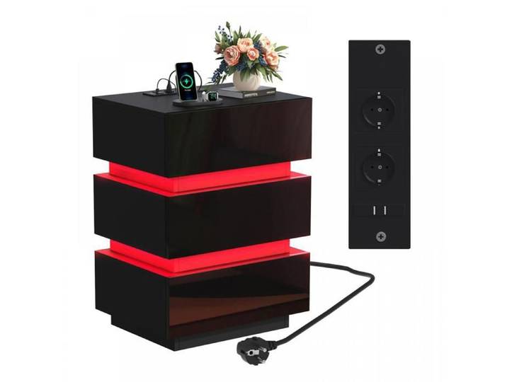 Table de Chevet - XUANYU - Avec 2 Prises CA + 2 Ports USB + LED 16 changements de couleur et 4 effets d'éclairage - Noir