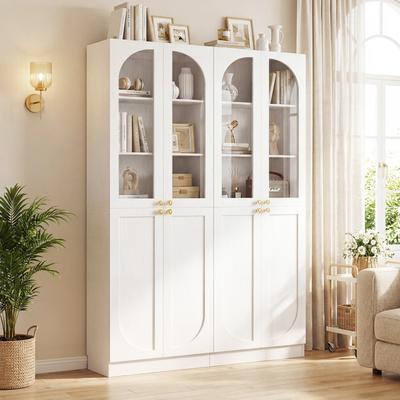 Rackcog 80'' H Bookcase with Arched Glass & Solid Doors, Modern Display Bookshelf Storage Cabinet for Living Room, Bedroom, Home Office