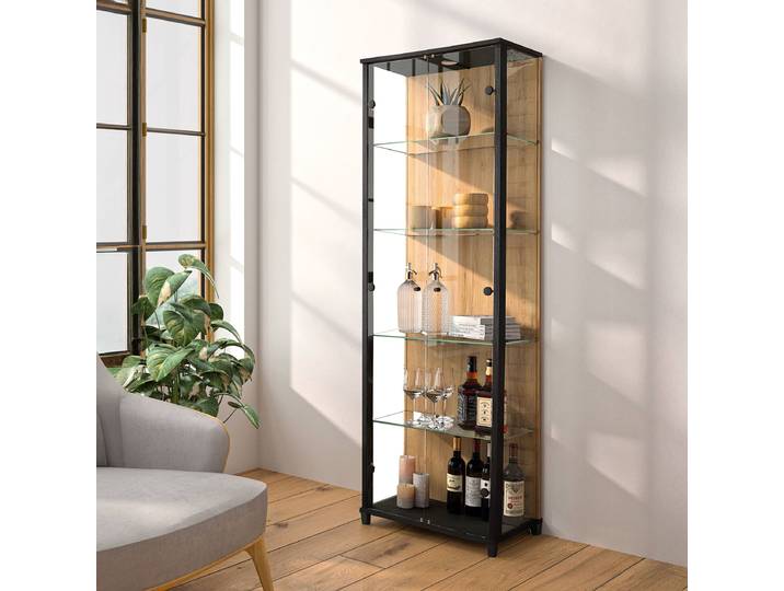 Vitrienschrank 58 cm mit 4 Böden 58 x 172 x 32cm mit Beleuchtung Schwarz/Wildeiche Dekor