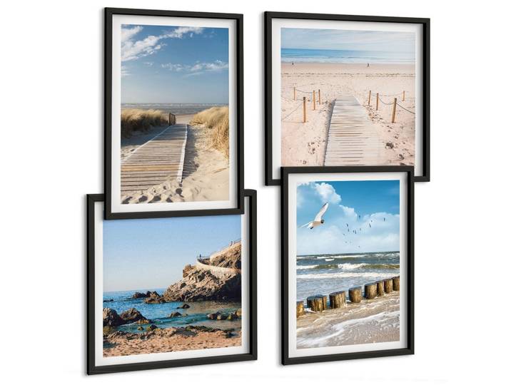 BILDER SET 4er Set - 50x50 cm & 40x60 cm Schwarzer Rahmen - Strand, Sand, Wellen, Himmel, Vögel