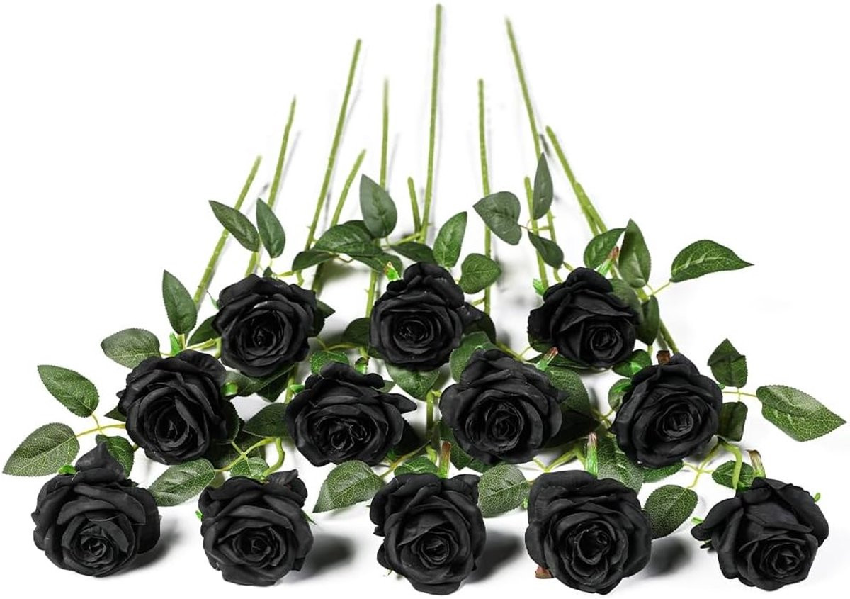 Thijox 12 stuks zwarte kunstbloemen - Realistische zijden rozen voor decoratie