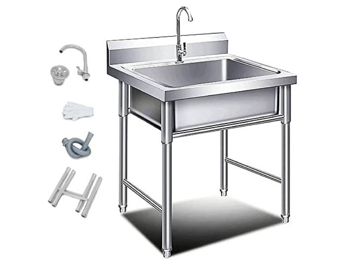ZQFHSX Edelstahl-Küchenwaschbecken, freistehend, Einzelbecken, mit Armatur und Sieb, Gewerbewaschbecken für Wäscherei, Keller