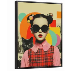 LEINWAND Bilder mit Rahmen - Mädchen - Sonnenbrille - Katze - Retro - 30x40