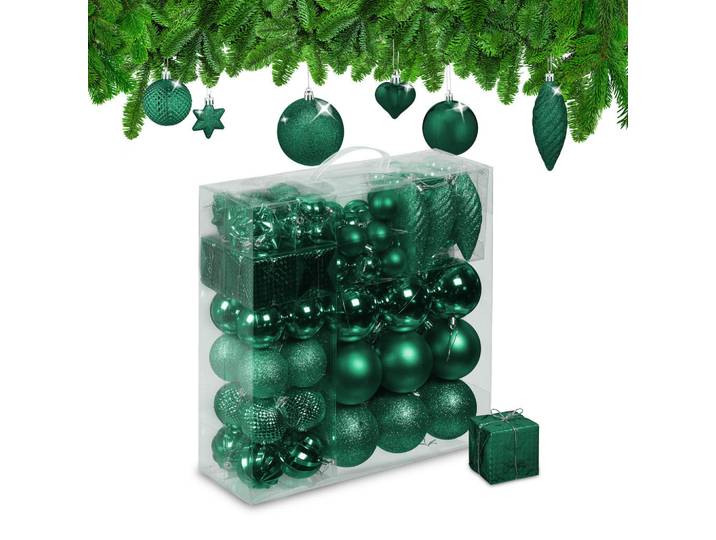 Relaxdays Weihnachtskugeln Dunkelgrün 110er-Set, Kunststoff, 8x9x8 cm, Dekoration, Weihnachtsdekoration, Christbaumschmuck