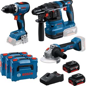 Bosch Combo-Kit 0615A5009G, 18V Akku, inkl. GSR, GWS, GBH, 2 Akkus, Ladegerät und 3 Koffer