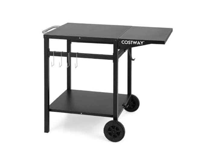 Helloshop26 Trolleytisch mit doppeltem Regal, faltbar, 96,5 x 64 x 75,5 cm, 2 Lenkräder, schwarzes Finish aus Stahl, 20_0014108