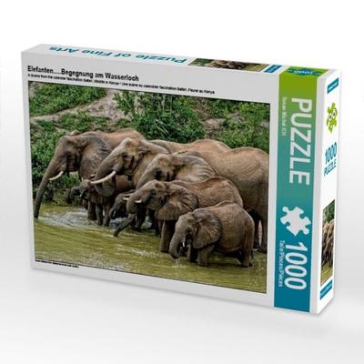 CALVENDO Puzzle Elefanten.....Begegnung am Wasserloch 1000 Teile Puzzle quer | 1000 Teile Lege-Größe 64 × 48 cm Foto-Puzzle für glückliche Stunden