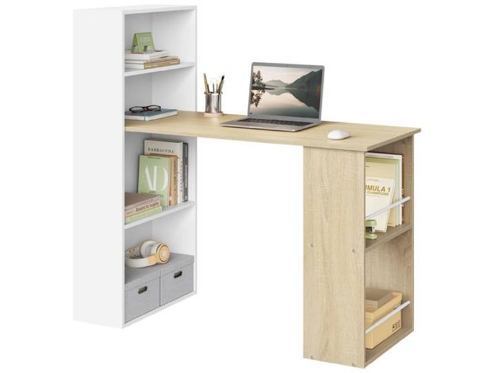 Bureau avec étagères latérales et rangement - 120x55 cm - Étagères des deux côtés - Support pour classeurs - Chêne+Blanc