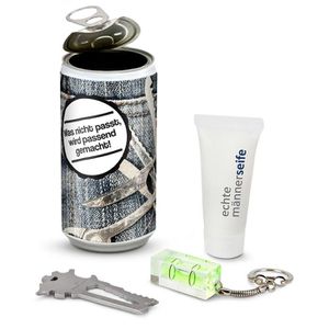 Böttcher-AG Geschenkset Überraschungsdose Männer, Dose mit Multitool, Mini-Wasserwaage und Seife