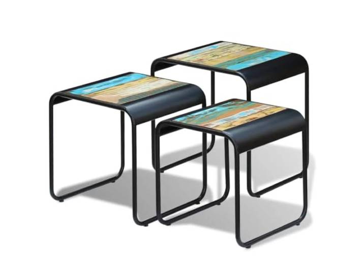 3-tlg. Satztisch-Set aus Altholz mit Stahlgestell, stapelbar, Vintage-Stil Handgefertigt, recyceltes Holz, robustes Stahlgestell, platzsparend stapelbar, vielseitig nutzbar