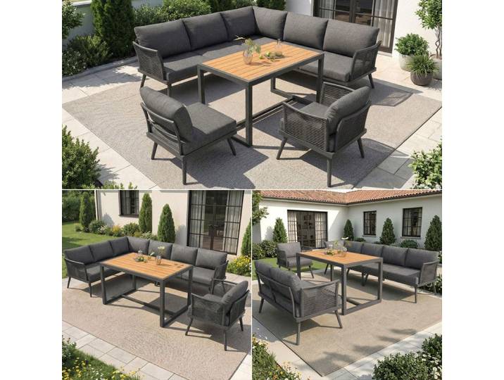 Mobilier de balcon ou de terrasse pour sept personnes canapé de jardin en forme de L avec table basse et fauteuil en bois gris