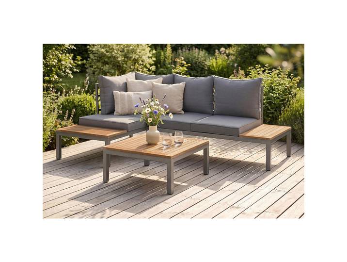 Ambia Garden Loungegarnitur, Braun, Grau, Teak, Holz, Metall, Akazie, vollmassiv, Füllung: Faserbällchen,Komfortschaum, L-Form, einzeln stellbar, 207x138 cm, Fsc, Bsci, Loungemöbel, Gartenlounge-Sets