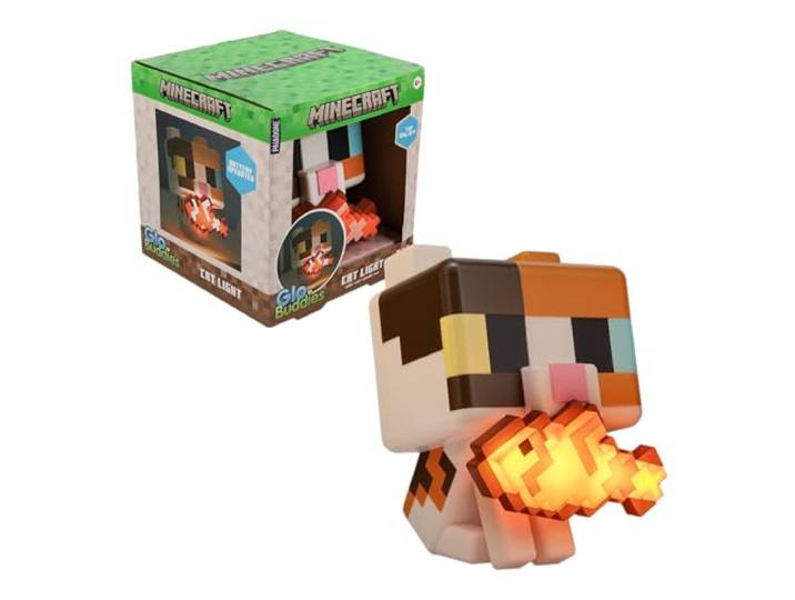 Minecraft Cat GloBuddies Light\, 15cm Tap‑to‑On Lamp with Light‑Up Fish\, AA Battery Powered\, Officially Licensed Paladone
