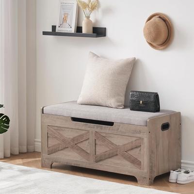 YUN Wooden Storage Bench with Soft Cushion and Safety Hinges, Entryway Shoe Ottoman and Toy Organizer