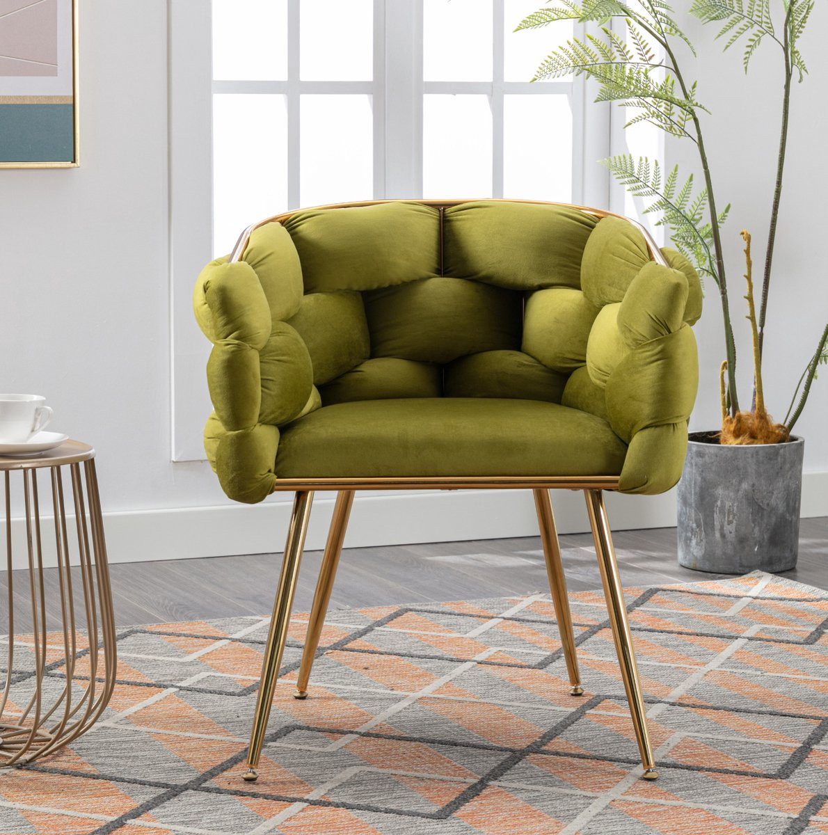 FloraGrace Fauteuil – Moderne Fluwelen Accentstoel met Armleuningen – Olijfgroen