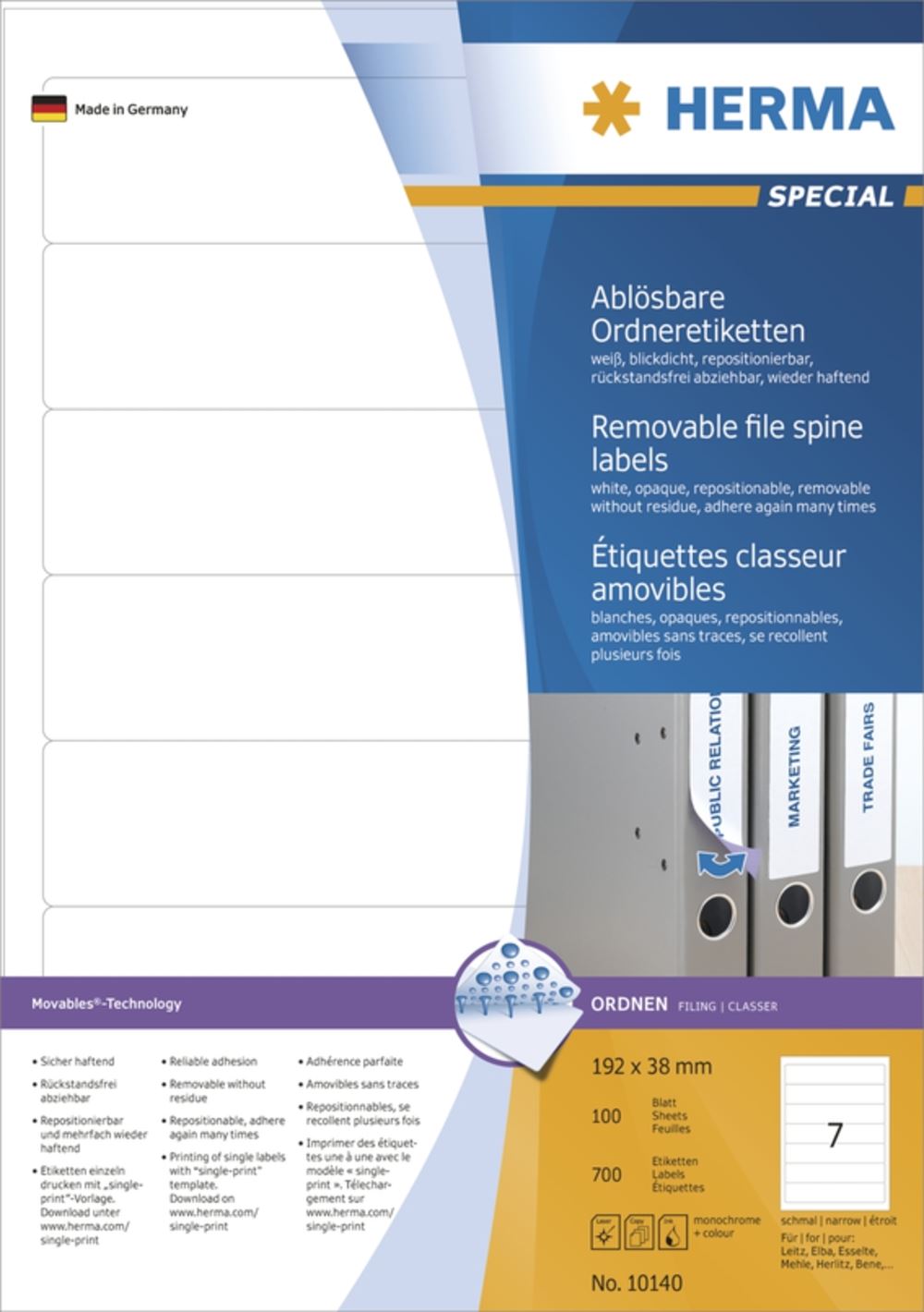 Herma 10140 ablösbar blickdicht Ordneretiketten 19.2x3.8 cm (100 Blatt (700 Etiketten))