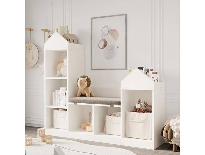 IDEALHOUSE Kippsicheres Kinder Bücherregal mit Sitzkissen, Holz Kinderregal 6 Fächer, Bücher&Spielzeugaufbewahrung, Regalbank für Kinderzimmer/Spielzimmer/Kita, 121 x 30 x 108 cm