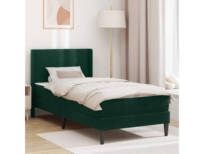KTHLBRH Bettgestell mit Matratze Dunkelgrün 90x190 cm Samt Samtbezug, Taschenfedermatratze, Lattenrost, Sperrholz-Kopfteil, rechteckige Form, pflegeleichte Oberfläche