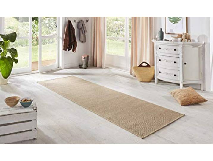 BT Carpet Nature Läufer In- und Outdoor – Schlingen Küchenläufer Rutschfest Flachgewebe Kurzflor Woll-Optik Fineloop Küchenteppich für Flur, Küche, Garten, Terrasse, Badezimmer – Naturbeige, 80x350cm
