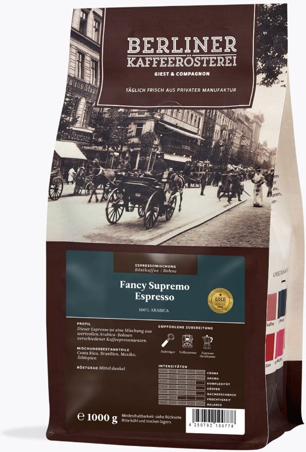 Berliner Kaffeerösterei Fancy Supremo Espresso 1 kg   Ganze Bohne   Costa Rica, Brazilië, Guatemala, Ethiopië   Donkere French Roast Espresso