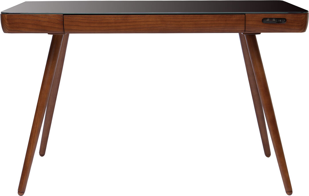 Miliboo Bureau connecté multimédia avec tiroir en verre noir et bois foncé noyer L120 cm CLEVER