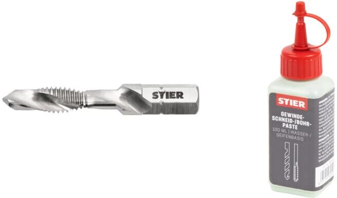 Set Stier STIER Kombigewindebohrer Bit M6 DIN 3126 HSS-G 1/4-Sechskant + STIER Gewindeschneidpaste Bohrpaste 100 ml Wasser-/ Seifenbasis