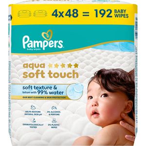 Pampers Feuchttücher Aqua Soft Touch, 192 Tücher, unparfümiert, je 48 Stück, 4 Pack
