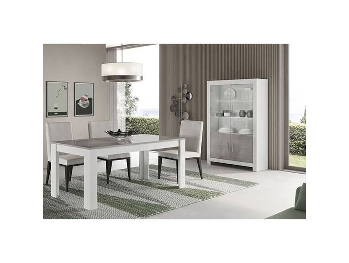 DENAE - Ensemble Séjour Blanc et Gris Marbré Table 190cm + Vitrine 4 Portes avec Leds