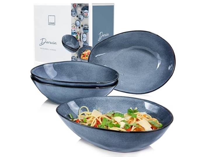 SÄNGER Pastateller Darwin 4 tlg, Spaghetti Teller 4 Personen, Steingut Geschirr Set für Pasta, Nudelteller Spülmaschinengeeignet, Teller Steingut für Nudelgerichte Blau 1L