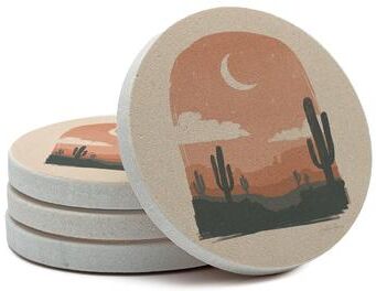 FirstDawn Desert Night 4 Pack Round Natural Sandstone Coasters with Protective Cork Backing Manufactured in The USA