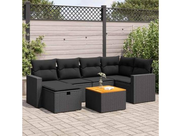 KTHLBRH Gartenmöbel-Set aus Polyrattan, 7-teilig, Schwarz Eckig mit Sitzsack, wasserdichter Behälter, waschbarer Kissen, Holztisch
