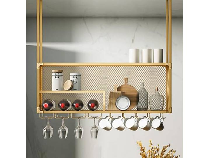 OOPDNEGAK Industrielles 2-stöckiges Hänge-Weinregal Mit Glashalter Ablage, Deckenmontierter Flaschenhalter Eisen, Hängender Weinglashalter, Decken-Weinregal-Präsentationsständer(Gold,60 * 30cm)