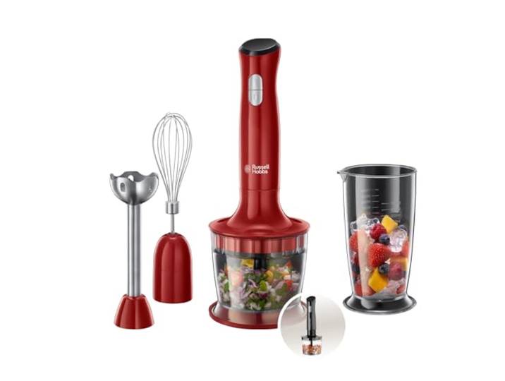 Russell Hobbs Stabmixer [3-in-1: Pürierstab/Zerkleinerer, Mixer- & Schneebesenaufsatz] Desire Rot (BPA-freies & spülmaschinenfestes Zubehör, für Smoothie, Suppen Saucen, Joghurt Babynahrung) 24700-56
