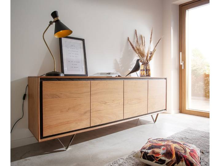 Sideboard Stonegrace 200 cm Akazie Natur 4 Türen Steinfurnier V-Fuß, Sideboards