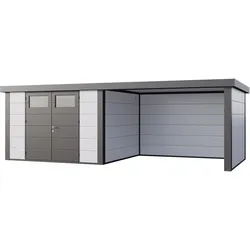Telluria Metallgerätehaus Classico 3330 mit Lounge Anbau (ca. 344 cm Breite) weiß Lounge-Anbau rechts
