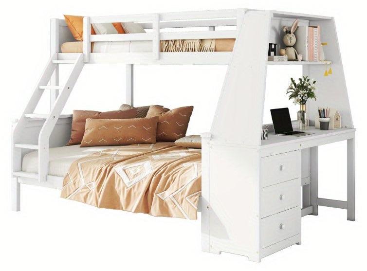 Etagenbett mit Schreibtisch und Stauraum, 90x200 cm und 140x200 cm, weißes Kinderbett