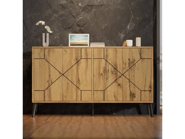 ModernLuxe Sideboard 120x35x69 cm, Kommode mit 4 Türen und Wellenmuster, Anrichte mit Push-to-Open, Aufbewahrungsschrank mit Metallbeinen, Küchenschrank für Wohnzimmer,Holzoptik