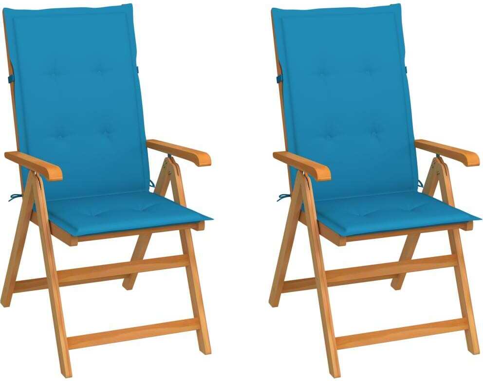 Klappstühle, 2 Stück, mit blauen Kissen, aus massivem Teakholz