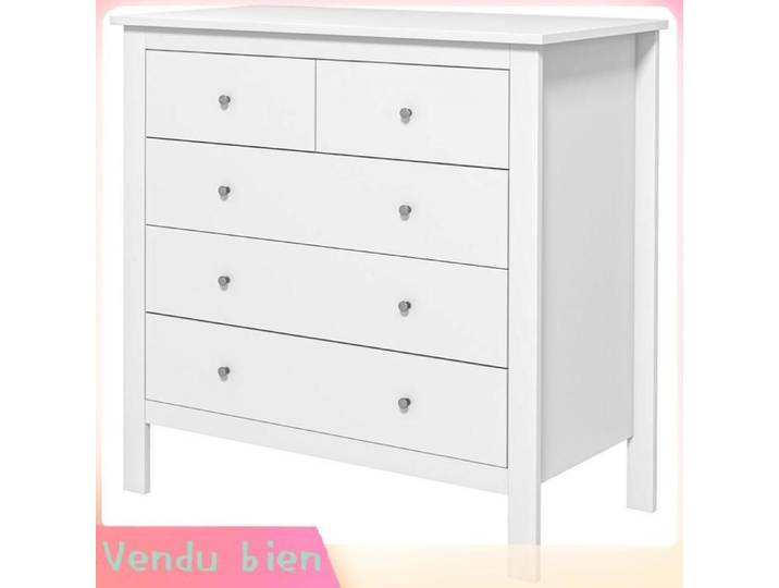 LIA Commode à 5 tiroirs poignées glissières métalliques en bois blanc 79x39 5x80 5 cm