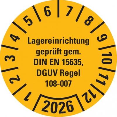 Dreifke® Prüfplakette Lagereinrichtung, DGUV Info.208-061, 2026, gelb, Dokumentenfolie, Ø30mm, 18 Stk.