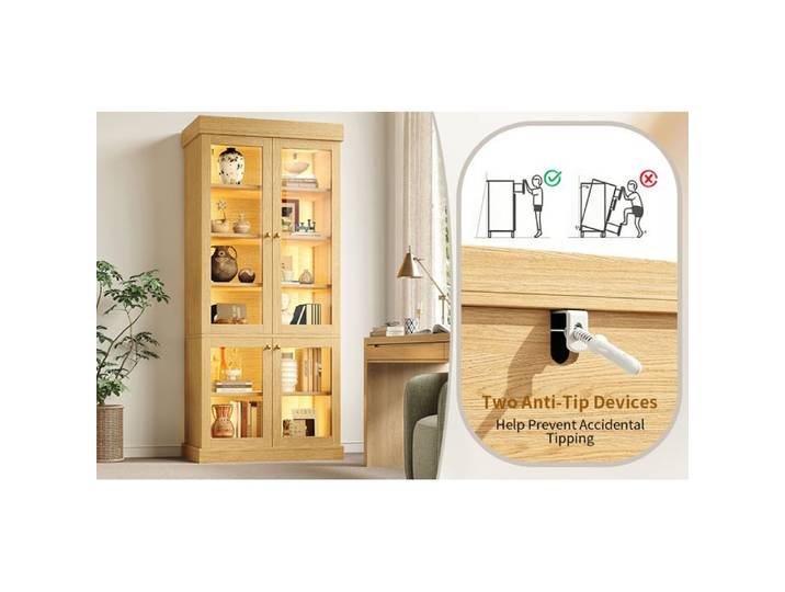 ROVRYN Vitrine haute 80x40x180 cm avec LED intégrée portes vitrées anti-basculement MDF verre bois naturel