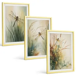 BILDER SET 3er Set - 40x60 cm Goldrahmen - Libellengräser über dem Wasser