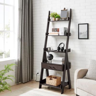 Utopia Alley Ladder Shelf, 5 Tier Ladder Bookshelf with Power Outlet, USB Port, Fast Charging and Drawer, Espresso