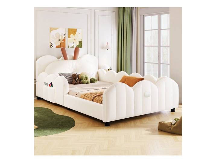 MODFU Kinderbett Polsterbett,Jugendbett (mit Kaninchen-Kissen, Sicherheitsgeländer & gepolsterte Seiten., 1-tlg., 90x200), mit Kissen in Kaninchenform